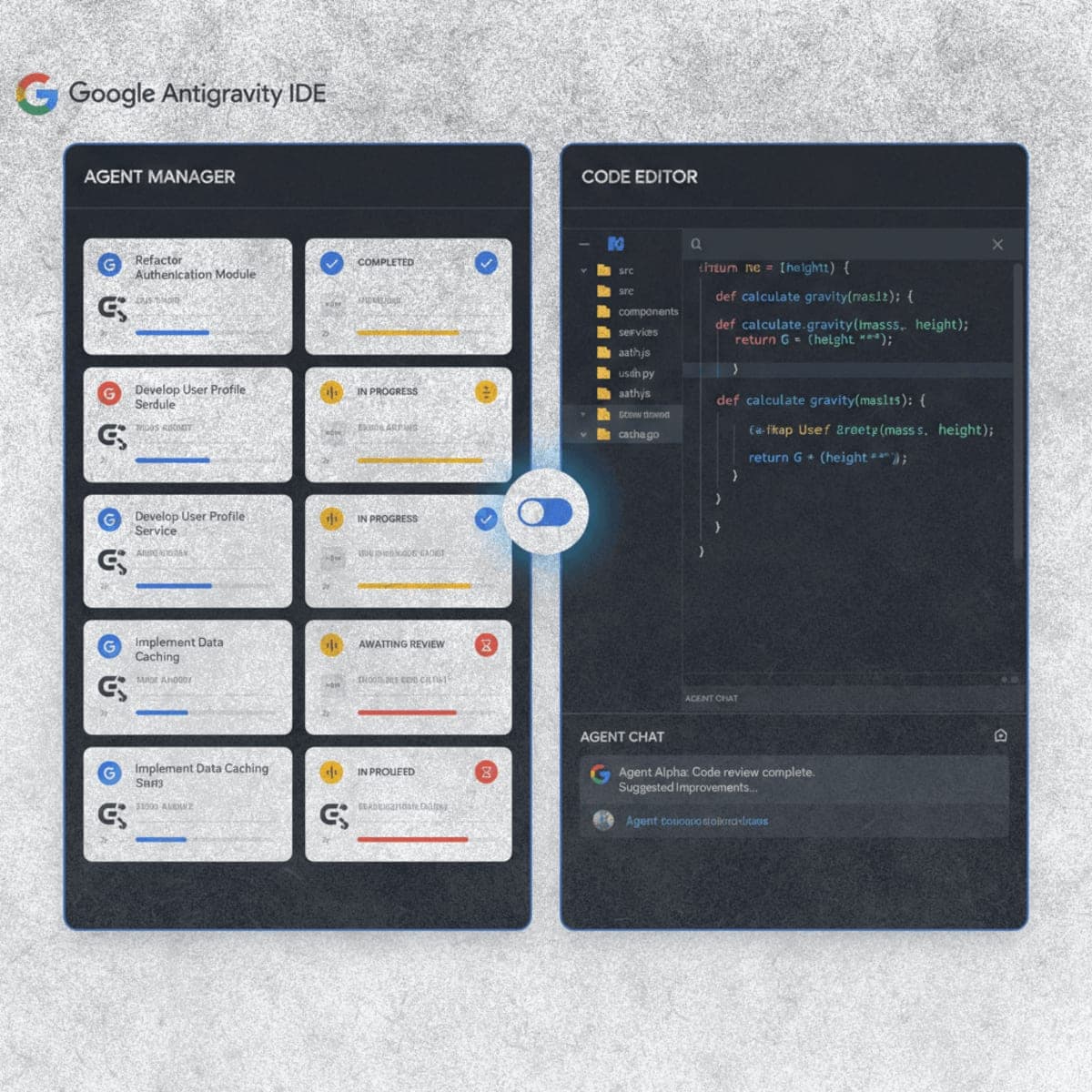 Split-screen illustration of Google Antigravity IDE showing Agent Manager view with task cards on the left and code editor with agent chat panel on the right.