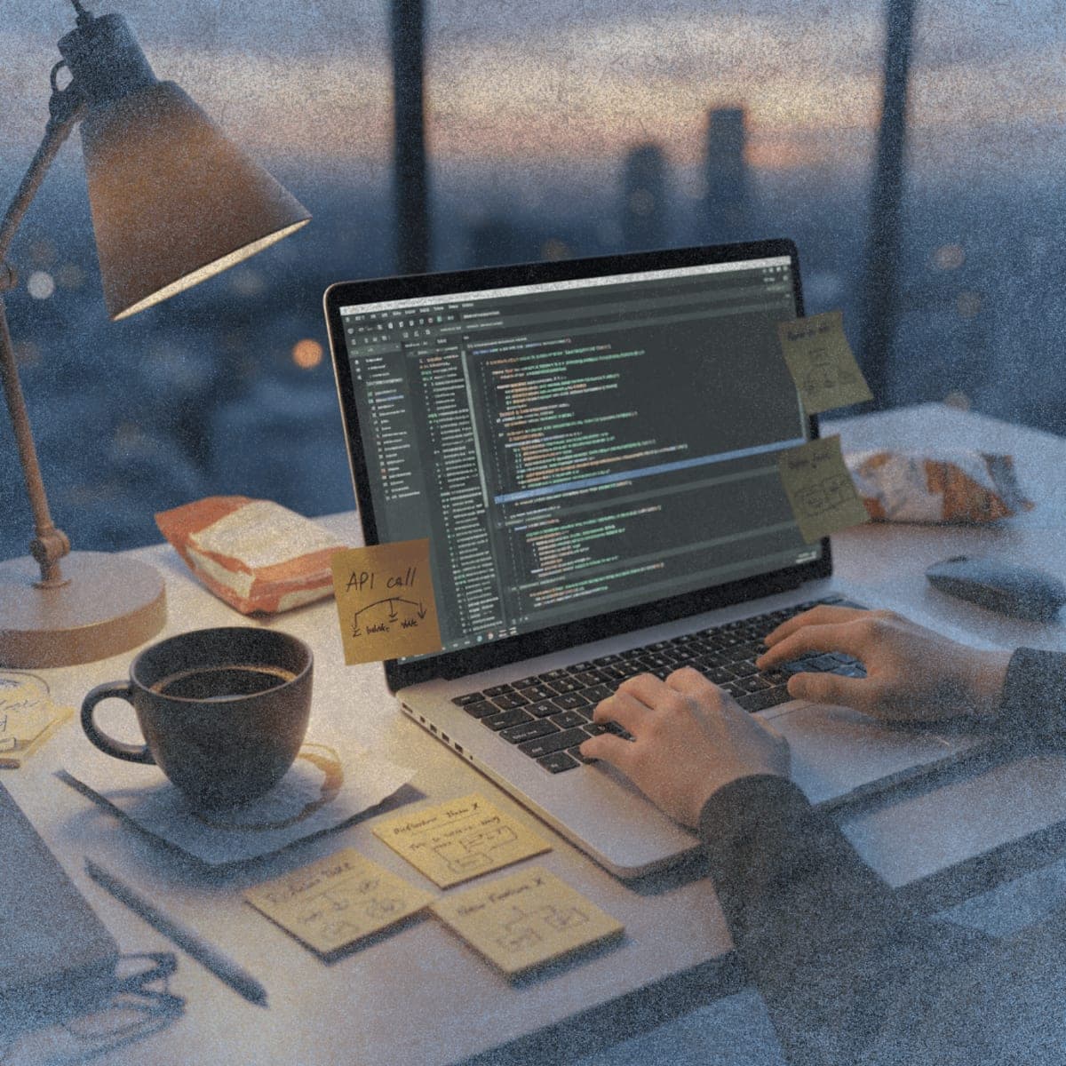 Developer workspace during evening coding session with laptop, handwritten notes, and coffee mug showing active prototyping environment