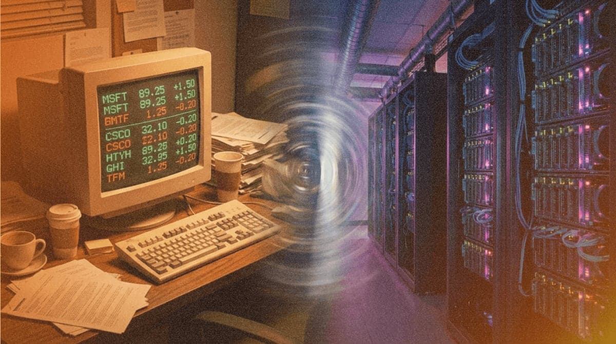 Split image comparing 1990s computing with modern AI data centers, representing the dot-com and AI bubble eras