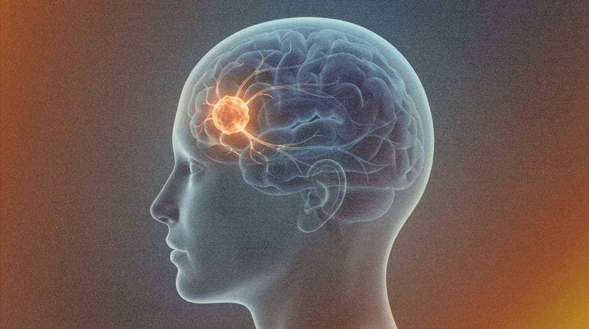 Illustration of a human brain in profile showing a small, glowing language network region connecting to larger brain structures