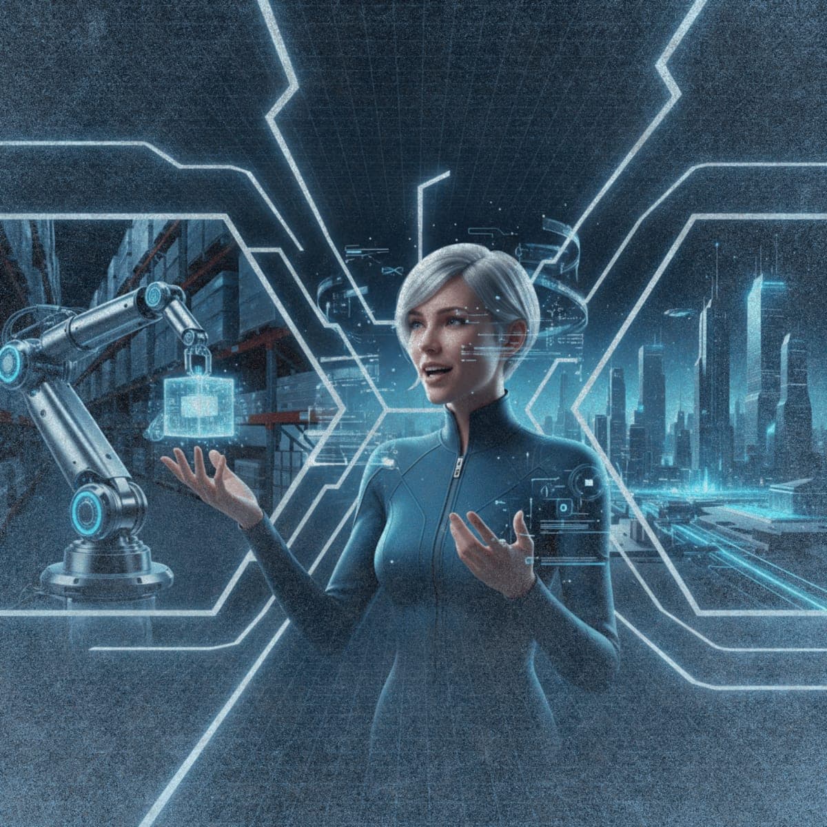 Conceptual illustration of Runway's GWM-1 world model showing robotics, avatar, and virtual environment simulation capabilities