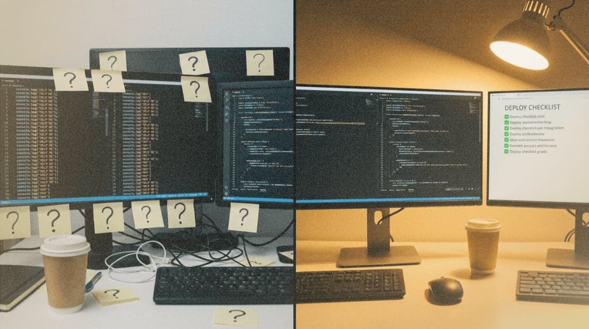 Split view of developer workspace transitioning from chaotic prototype coding to organized production-ready state