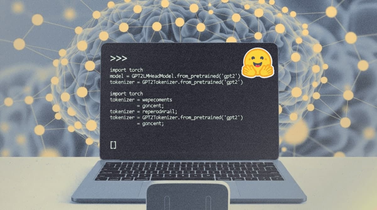Developer workspace showing Hugging Face transformers code on laptop screen with abstract neural network visualization