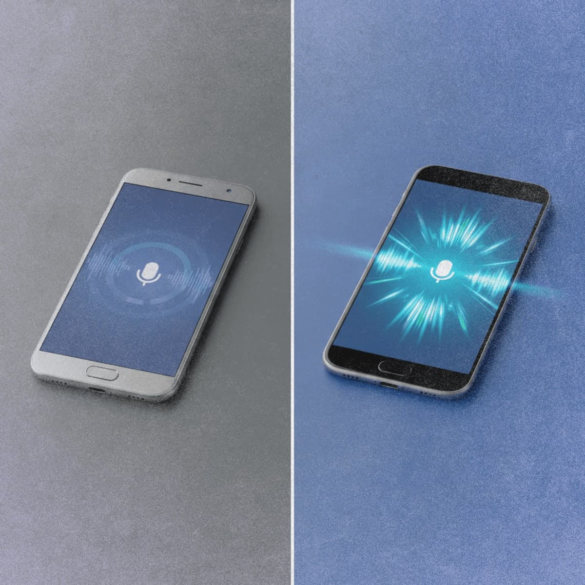 Split image showing two versions of a voice assistant interface, one appearing dated and one appearing upgraded and modern