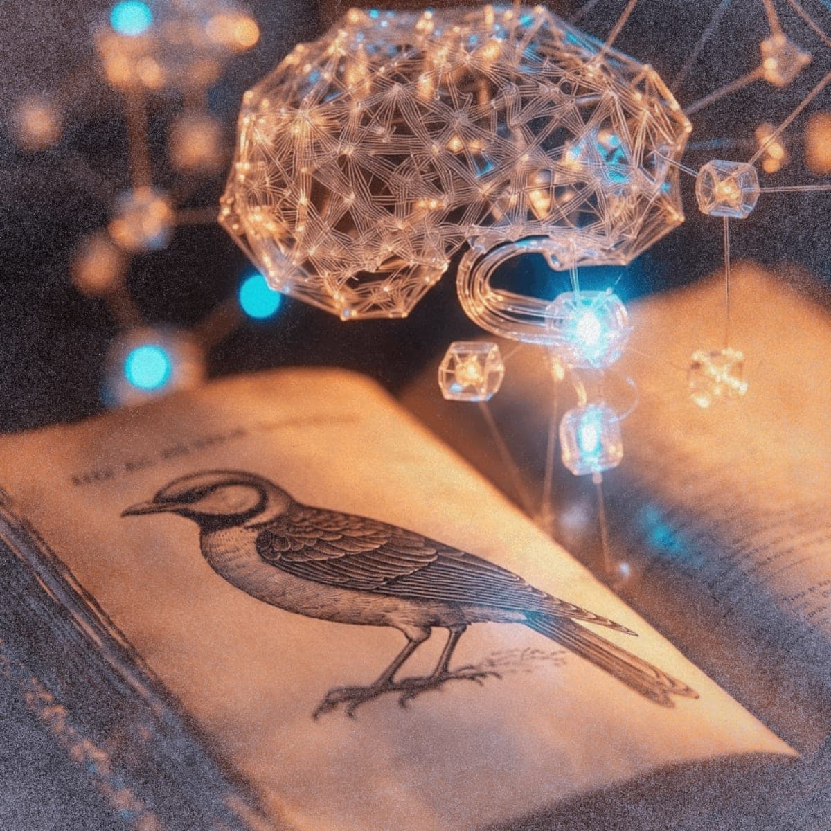A 19th-century bird identification book with holographic neural network nodes floating above it, representing how archaic training data caused AI models to adopt historical personas