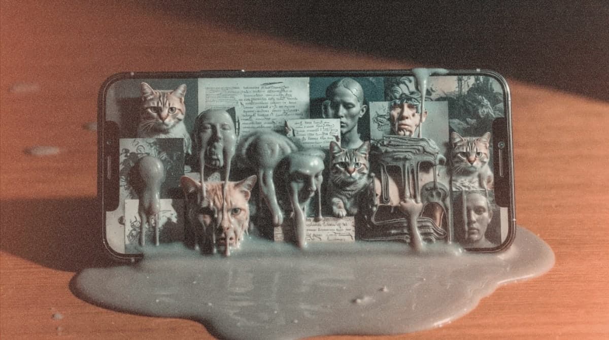 Illustration of a smartphone screen overflowing with gray-green liquid containing distorted AI-generated images, representing the concept of AI slop