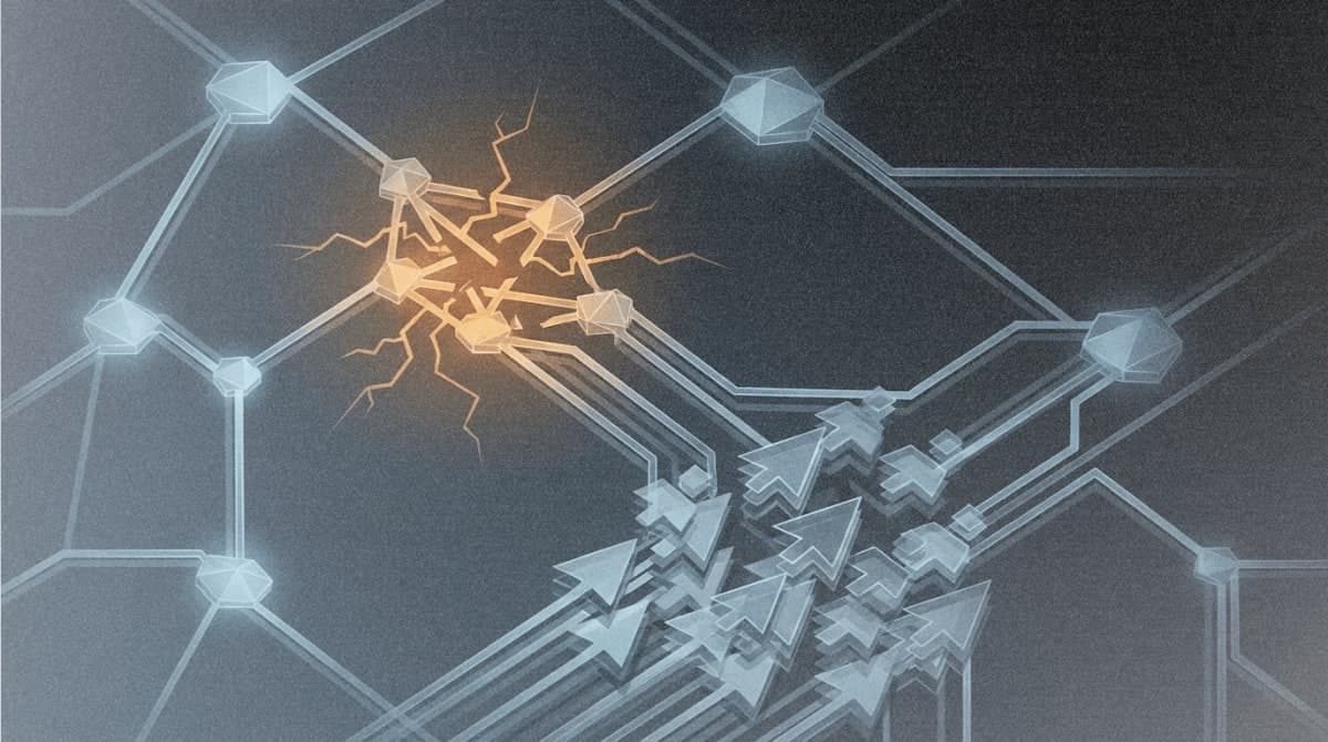 Abstract network visualization showing AI-driven parallel security scanning across interconnected nodes