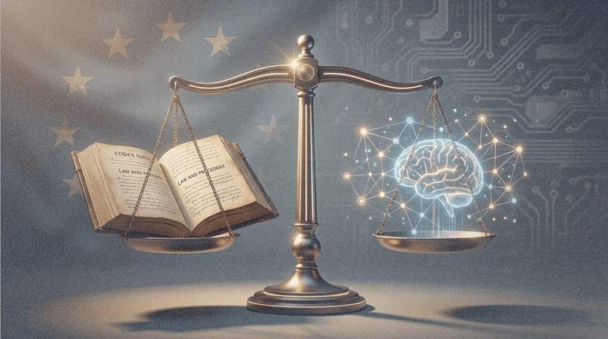 Illustration of justice scales balancing a traditional law book against a neural network pattern, representing the intersection of legal practice and artificial intelligence regulation.
