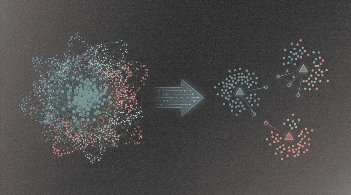 Visualization of image embeddings being transformed from an overlapping chaotic distribution to an organized prototype-based feature space