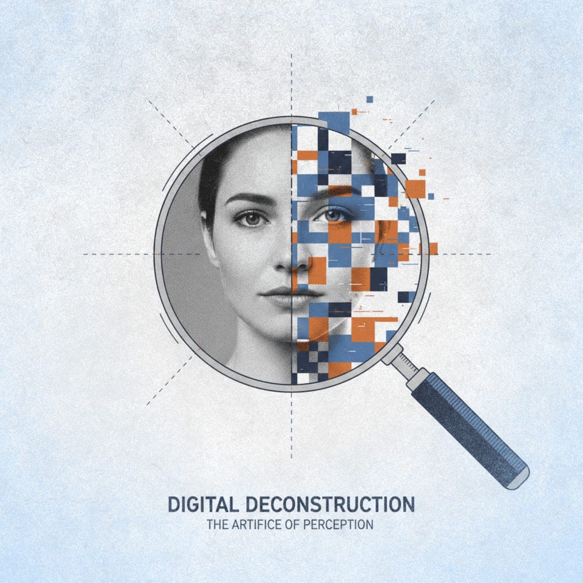 Magnifying glass revealing pixel artifacts and computational patterns beneath a portrait photograph, illustrating AI image detection
