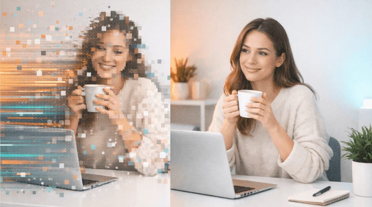 Digital illustration of AI image generation process showing pixels transforming into a finished photograph