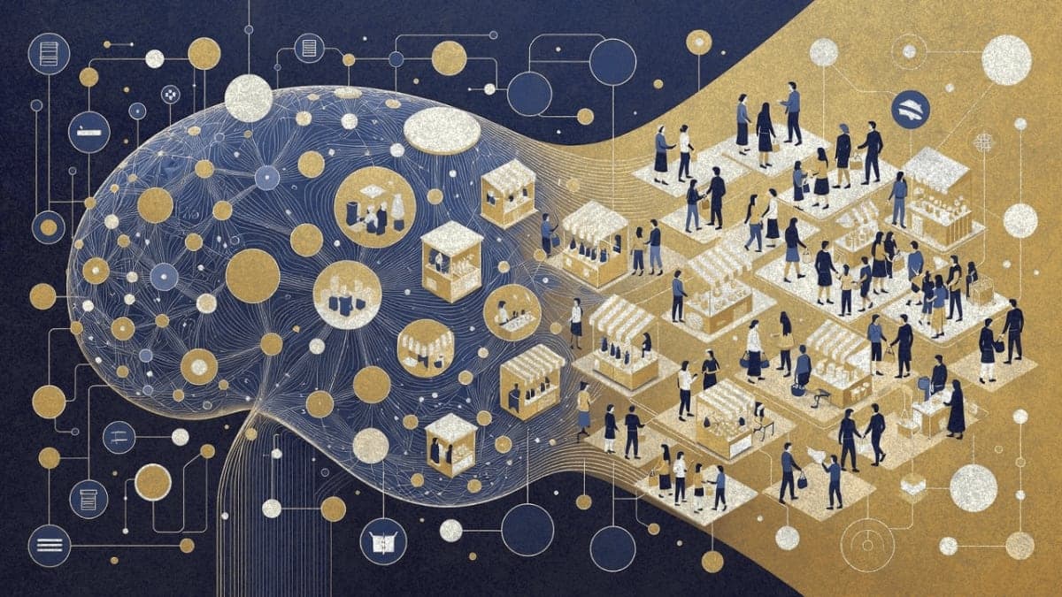 Illustration showing a neural network transforming into an interconnected marketplace with human figures and exchange points