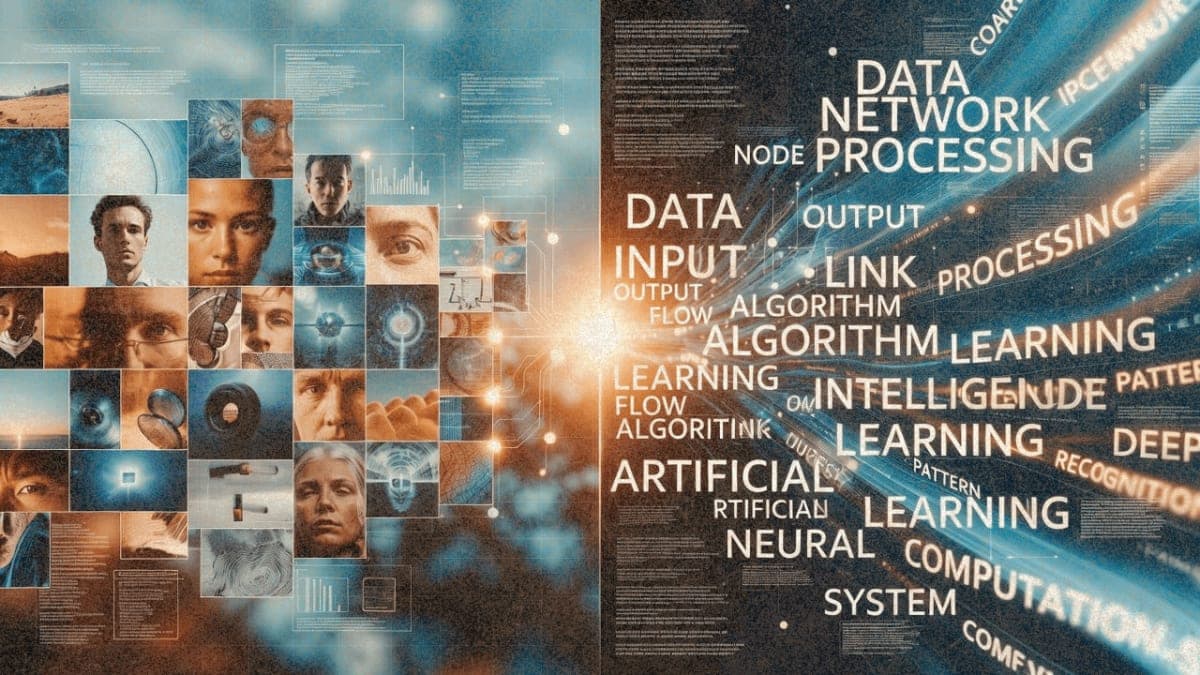Abstract visualization of multimodal AI connecting images and text through neural network connections