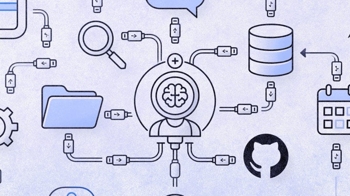 Diagram showing Claude AI connected to multiple external tools through Model Context Protocol cables