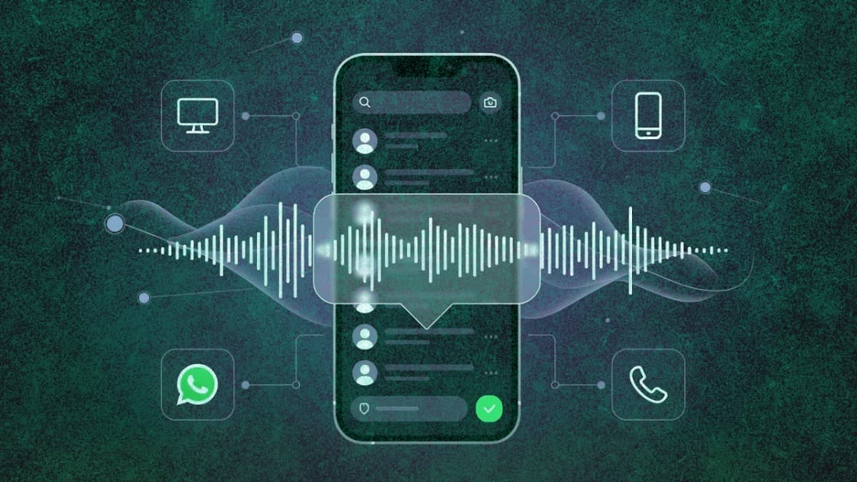 Smartphone showing WhatsApp chat with AI voice waveform, connected to web, mobile, and phone icons representing omnichannel AI deployment