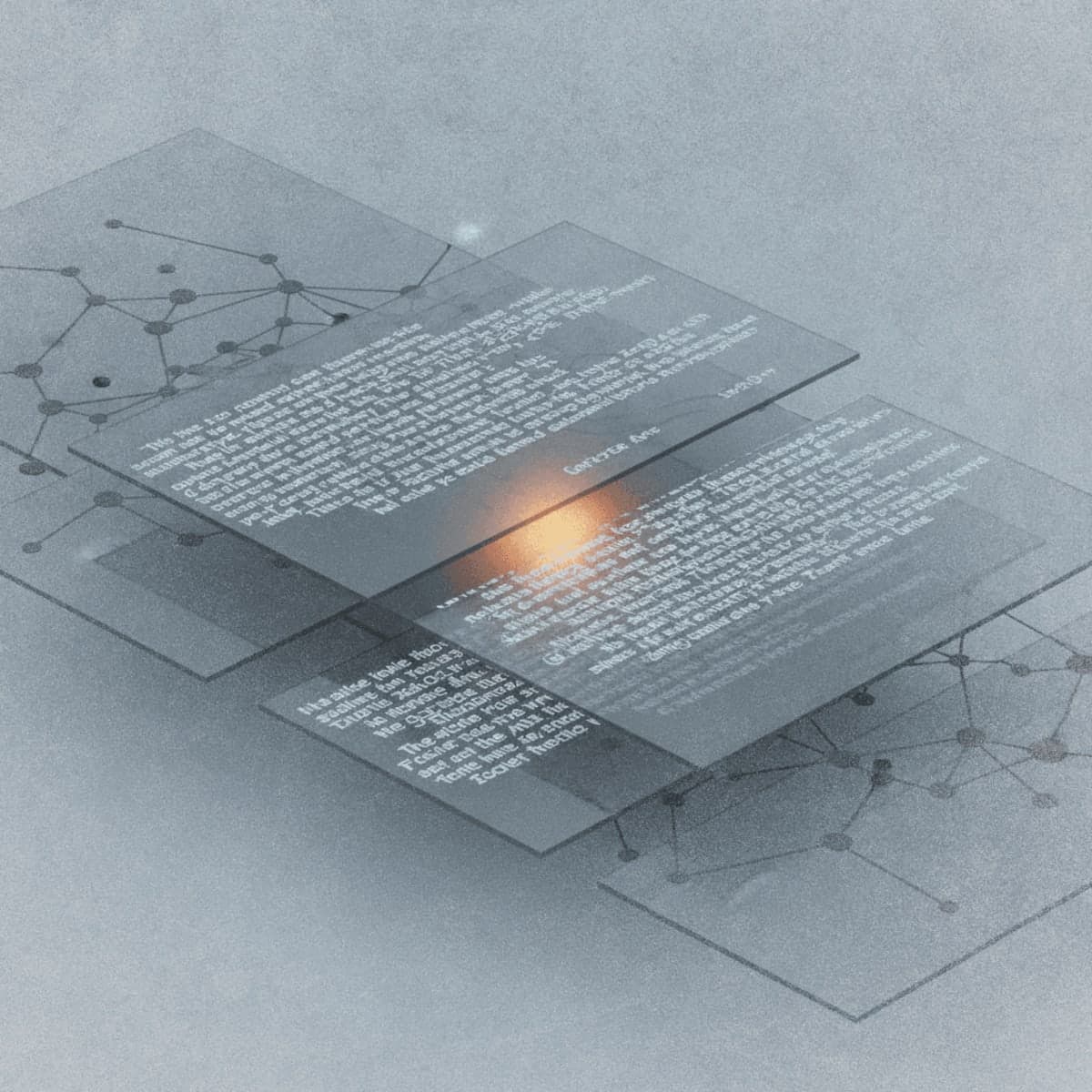 Abstract visualization of layered AI agent memory architecture with translucent planes and network connections
