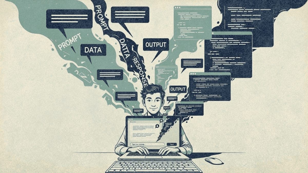 Illustration of a person writing prompts on a laptop, with abstract representations of text becoming more structured as it flows upward