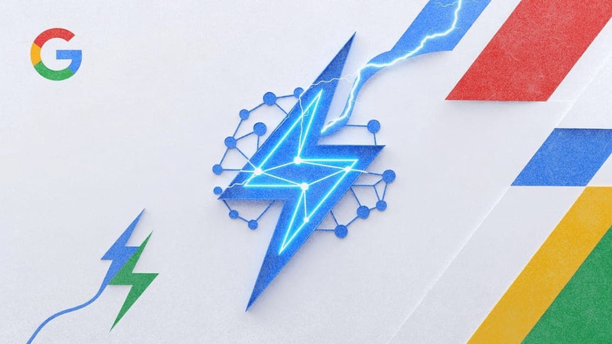 Abstract visualization of fast AI processing with lightning and neural network patterns in Google brand colors