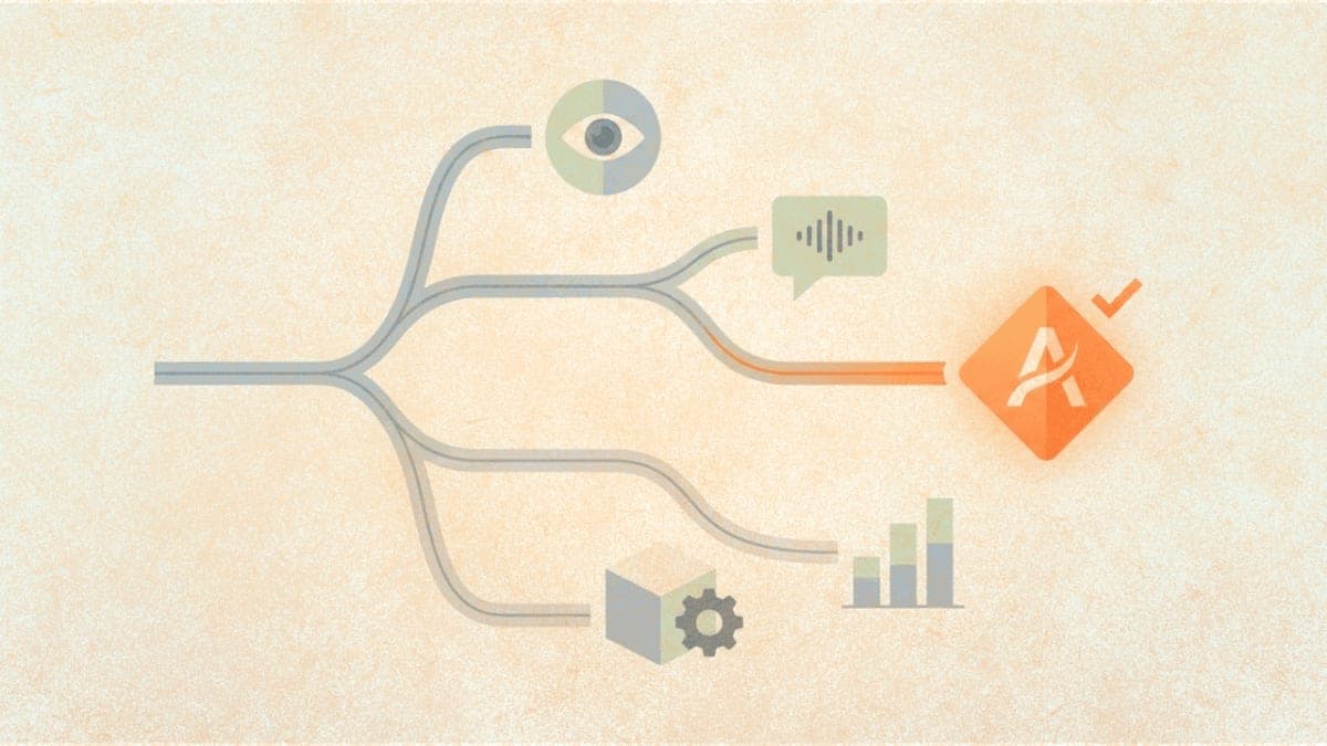 Abstract illustration of a branching decision path representing AI model selection, with geometric shapes at pathway endpoints