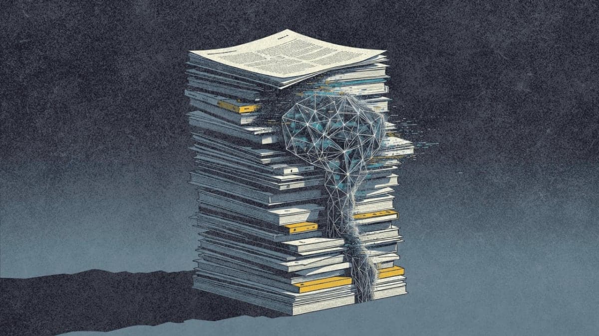 Illustration of academic journals dissolving into digital static, representing AI-generated fake citations contaminating scholarly literature