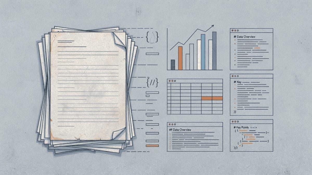 Conceptual illustration of paper documents being transformed into structured digital data through AI-powered OCR processing