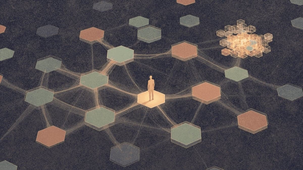 Abstract illustration of a figure surrounded by interconnected skill domains represented as geometric nodes