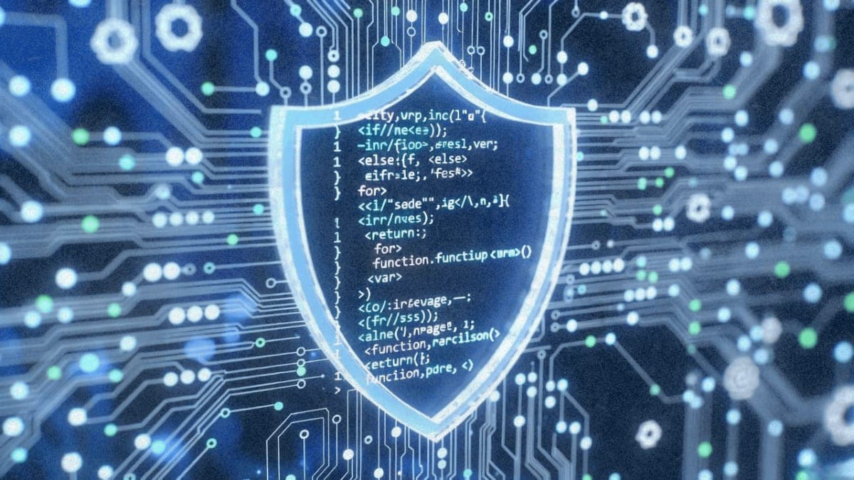 Abstract illustration of code flowing through a digital security shield representing AI-powered software security