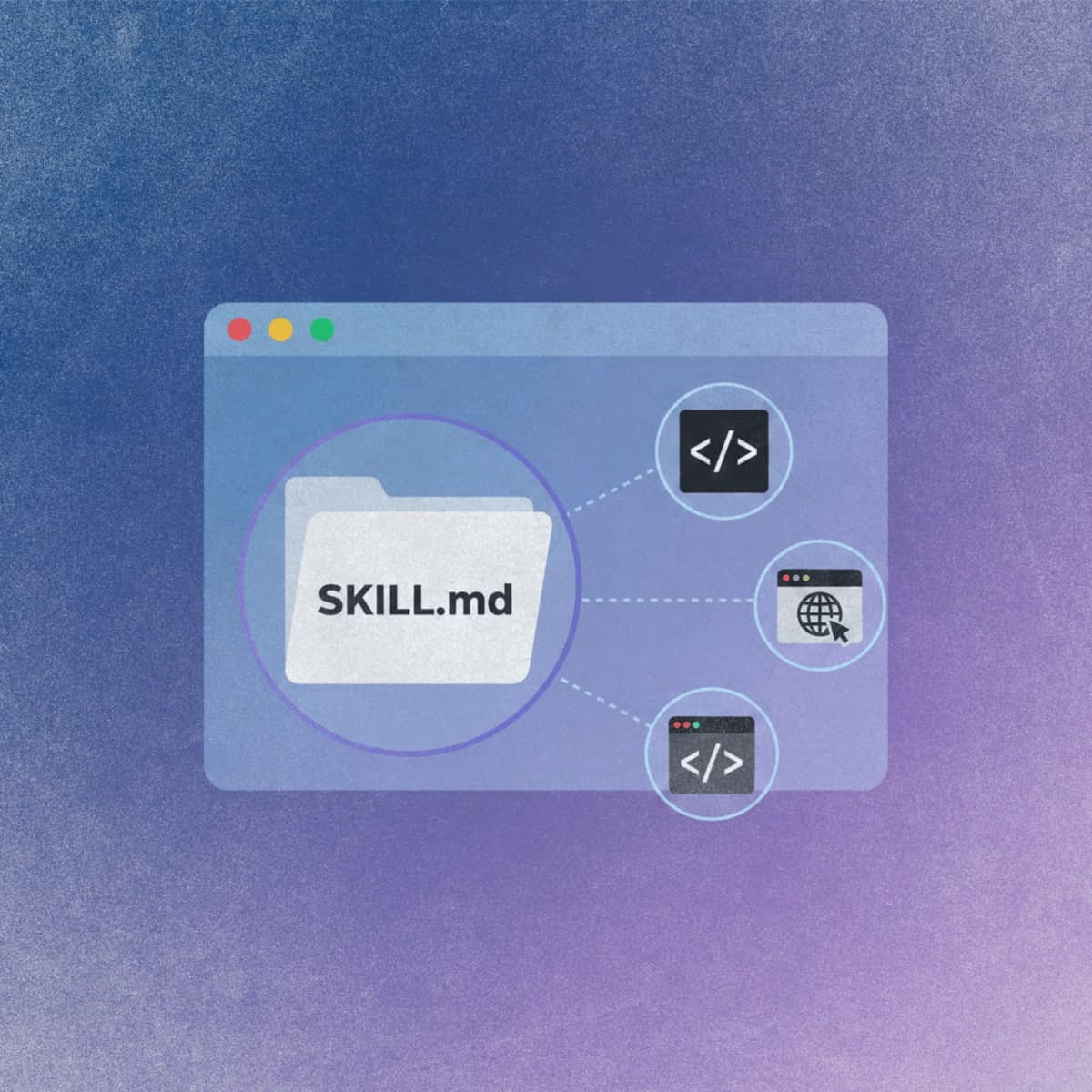 Illustration of VS Code editor connecting to multiple AI tools through a shared skills folder