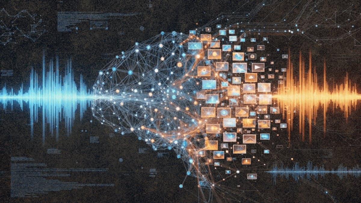 Visualization of audio and video data streams converging into unified AI embeddings
