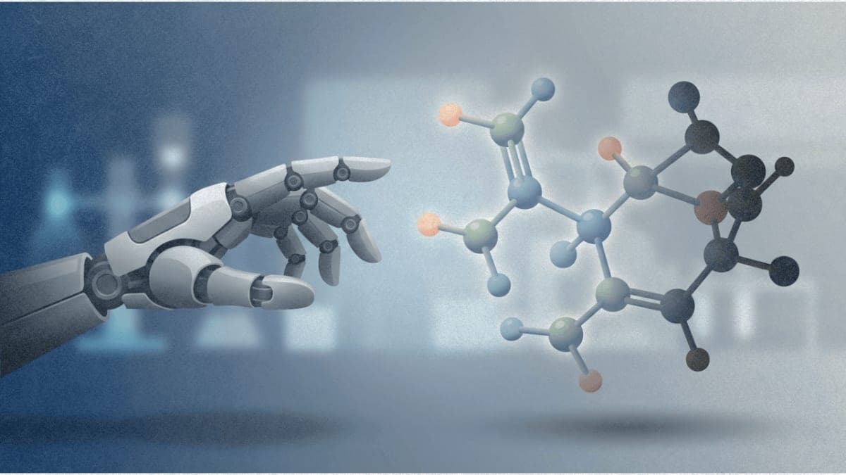 Conceptual illustration of a robotic hand reaching toward but not quite grasping a molecular structure, representing AI's current limitations in scientific discovery