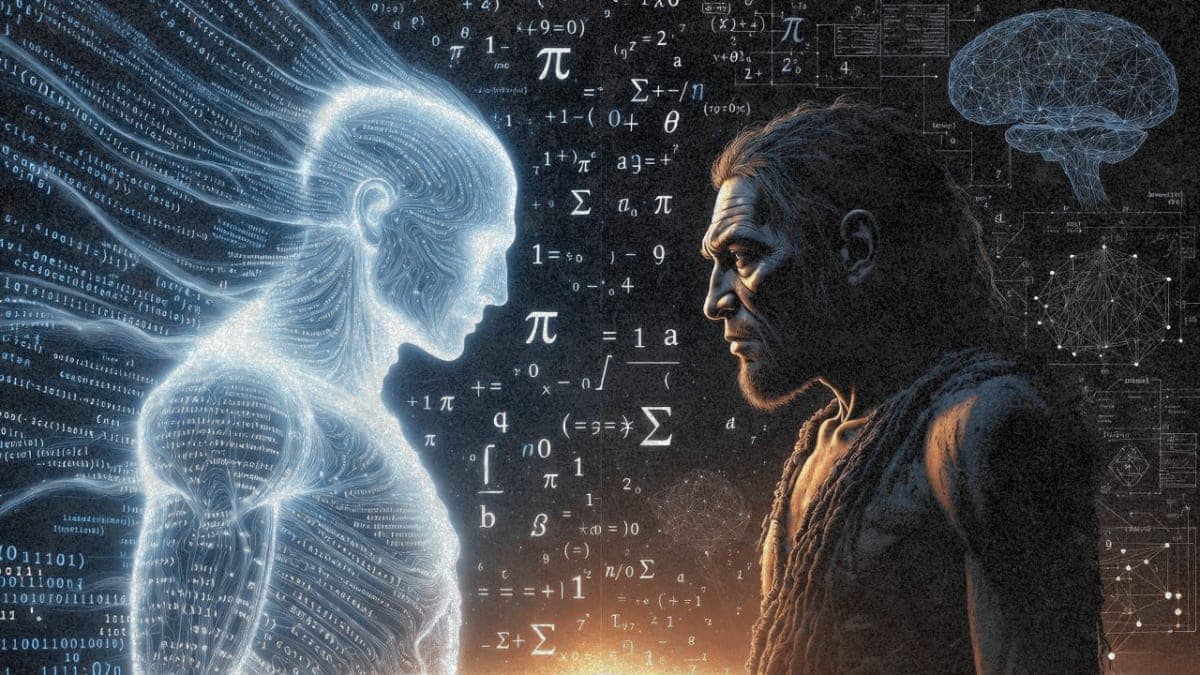 Illustration showing a glowing digital ghost figure made of text facing a primitive human ancestor, representing Karpathy's metaphor of LLMs as summoned ghosts rather than evolved animals