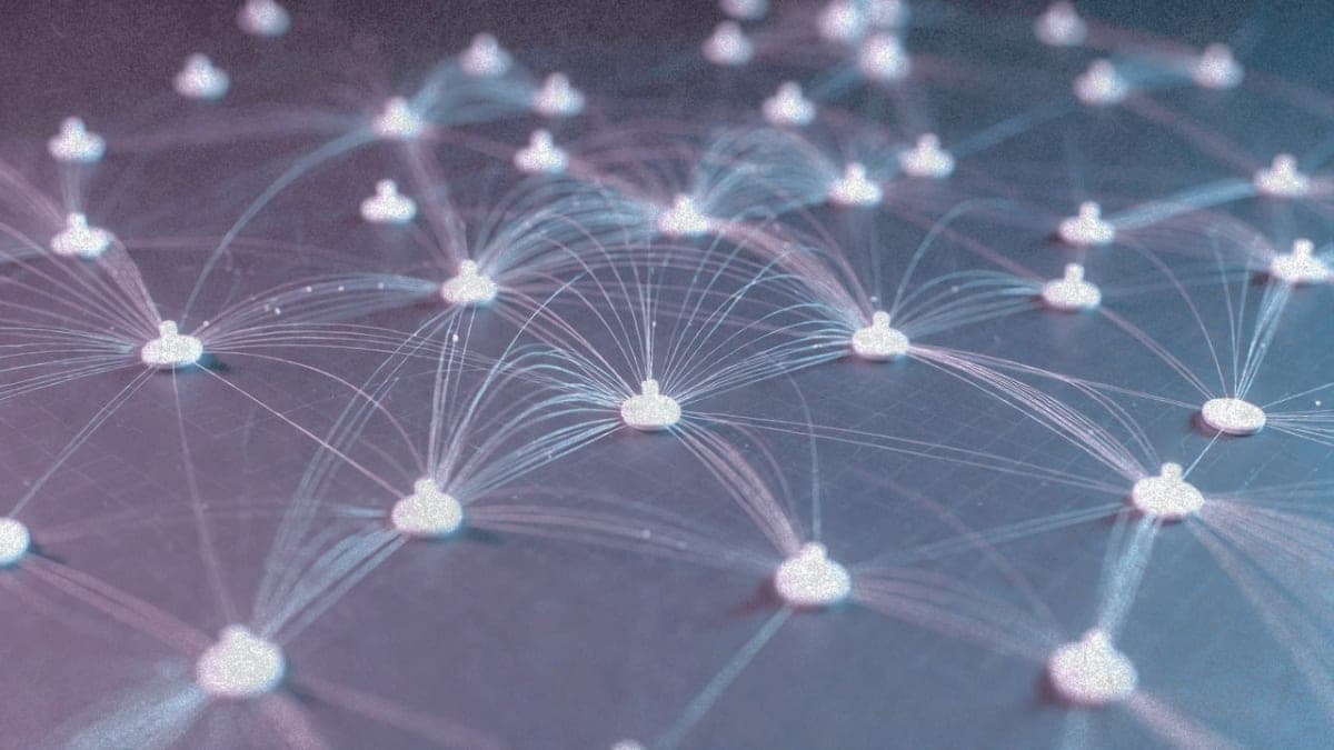 Network visualization of interconnected AI agents forming emergent patterns through coordination