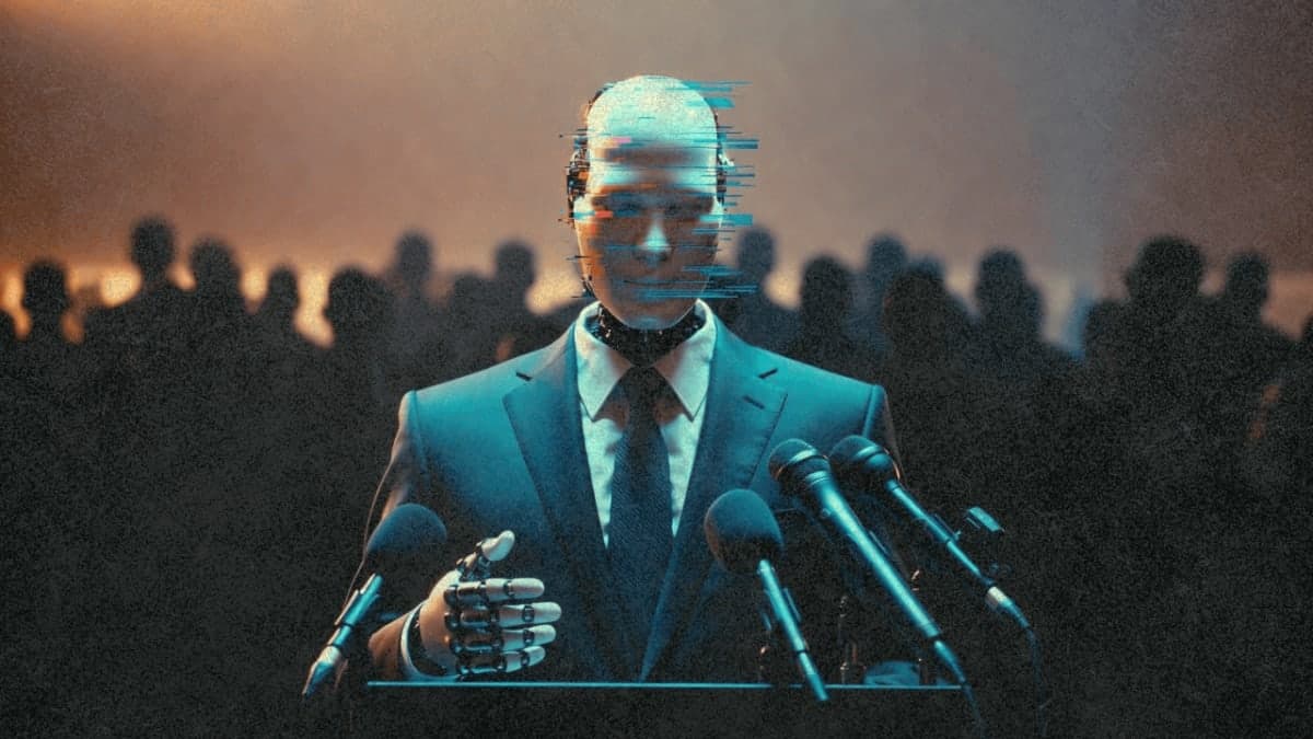 A robot in a business suit at a podium with microphones, facing a blurred crowd, with dramatic blue and amber lighting