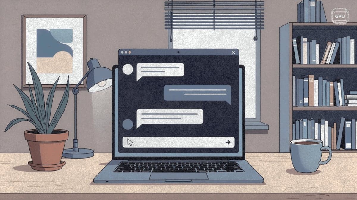 Laptop displaying a local AI chat interface in a home office setting, illustrating private on-device language model inference