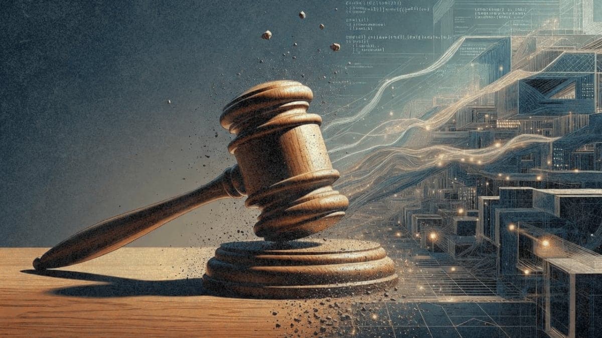 Illustration of a courtroom gavel dissolving into digital code and AI patterns, representing artificial intelligence disruption of the legal profession