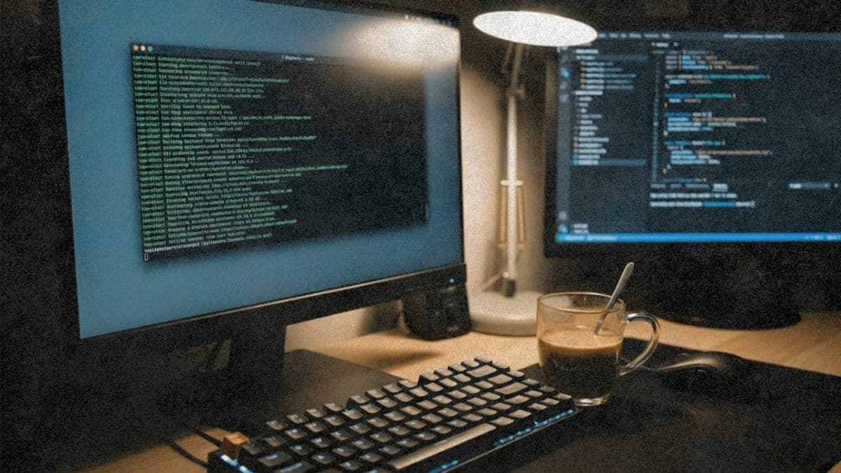 Terminal window glowing on a developer workstation at night with mechanical keyboard