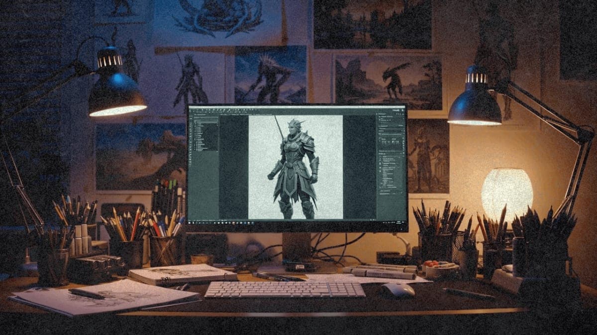 Concept artist's workspace with traditional art supplies and computer displaying fantasy character sketch