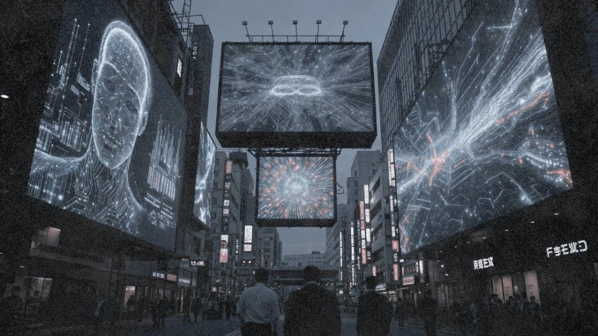 Tokyo cityscape at dusk with illuminated digital billboards showing abstract AI visualizations above pedestrians