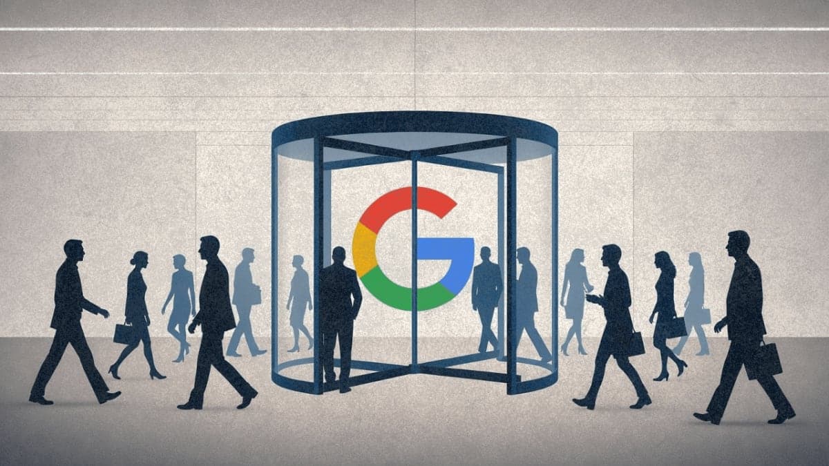 Illustration of Google office with revolving door symbolizing boomerang employee hiring trend