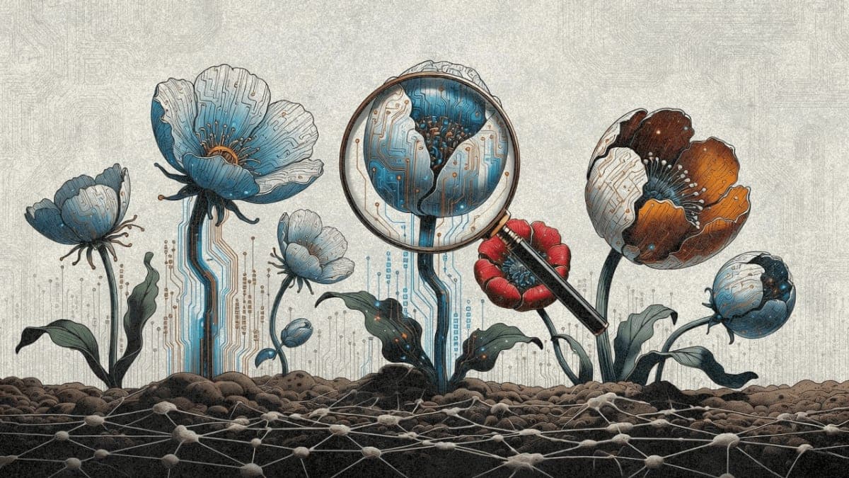 Conceptual illustration of digital flowers made of circuit patterns representing AI behavioral evaluation, with a magnifying glass examining one bloom for hidden patterns