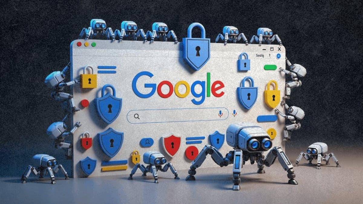 Illustration of robotic web crawlers attempting to bypass a fortified wall representing Google's SearchGuard protection system