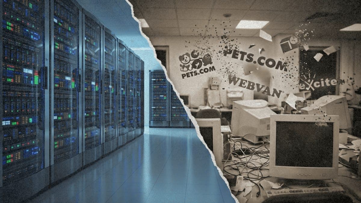 Split image contrasting modern AI data center infrastructure with faded dotcom era imagery representing the debate over whether AI investments constitute a bubble
