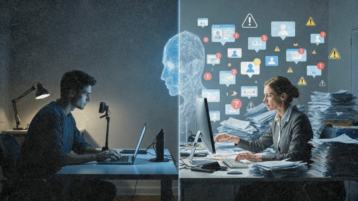 Illustration of job seeker and recruiter separated by AI technology showing the disconnect in modern automated hiring