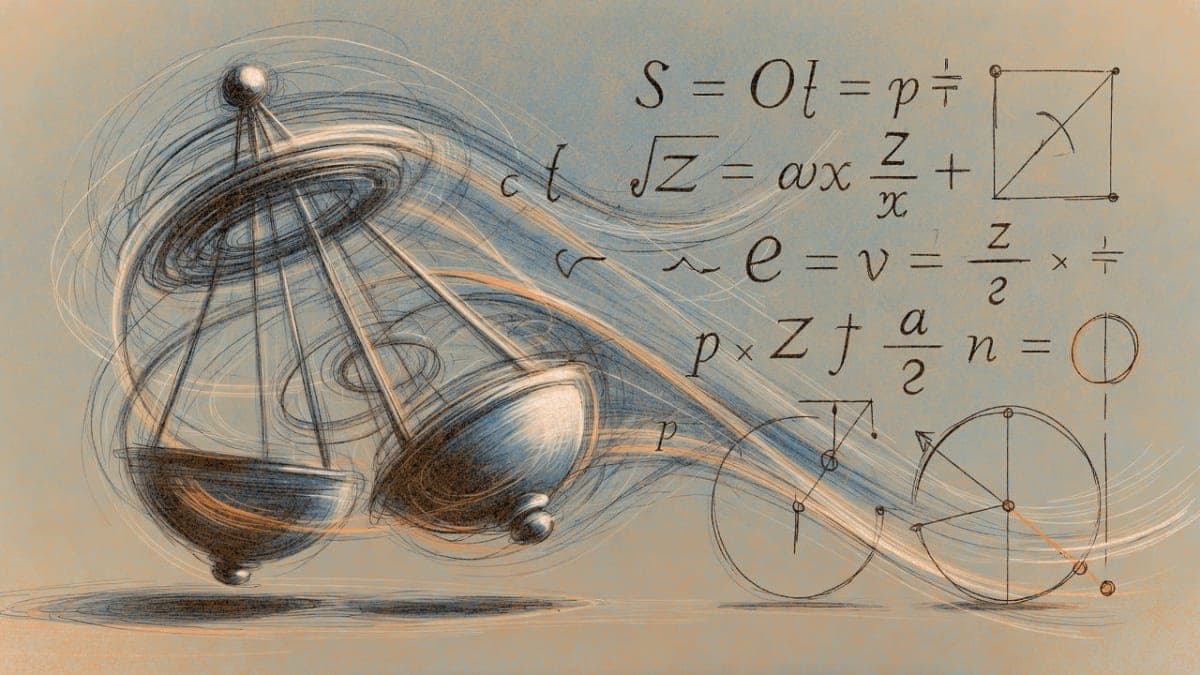 Illustration showing transformation from chaotic pendulum motion to simplified mathematical equations
