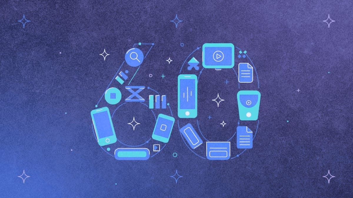 Stylized illustration of the number 60 composed of various tech product icons representing Google's AI announcements in 2025