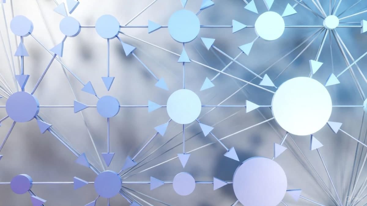 Abstract network visualization showing bidirectional state transitions between nodes of varying potential, blending neural network and thermodynamic imagery