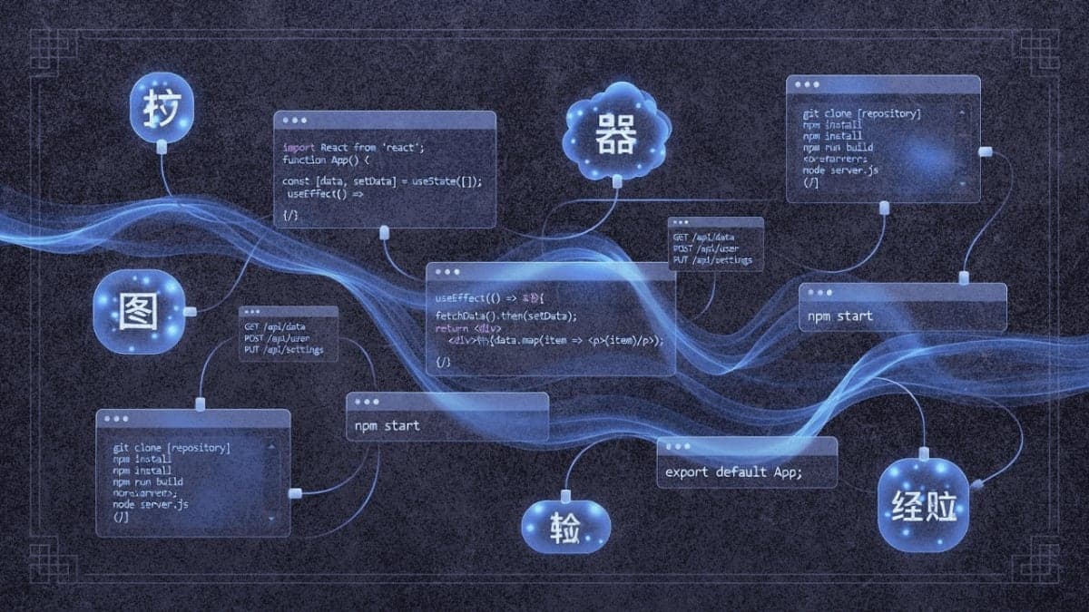 Abstract visualization of GLM-4.7's coding and reasoning capabilities with neural network and code elements