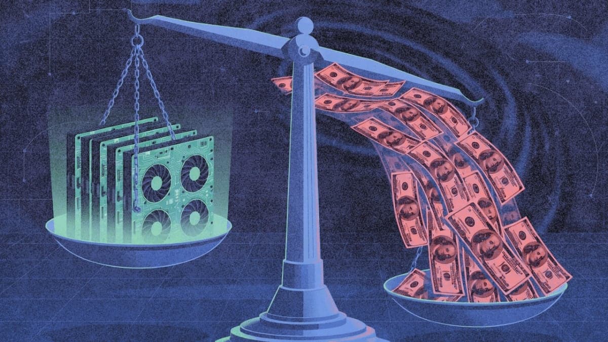Balance scale showing GPUs versus flowing dollar bills, representing OpenAI's contrast between efficient inference and massive R&D spending
