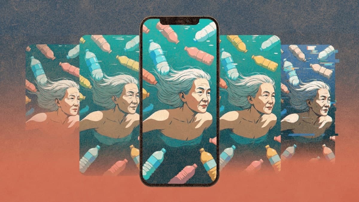 Illustration of a smartphone displaying AI-generated video of elderly women swimming underwater among plastic waste, surrounded by ghostly image variations
