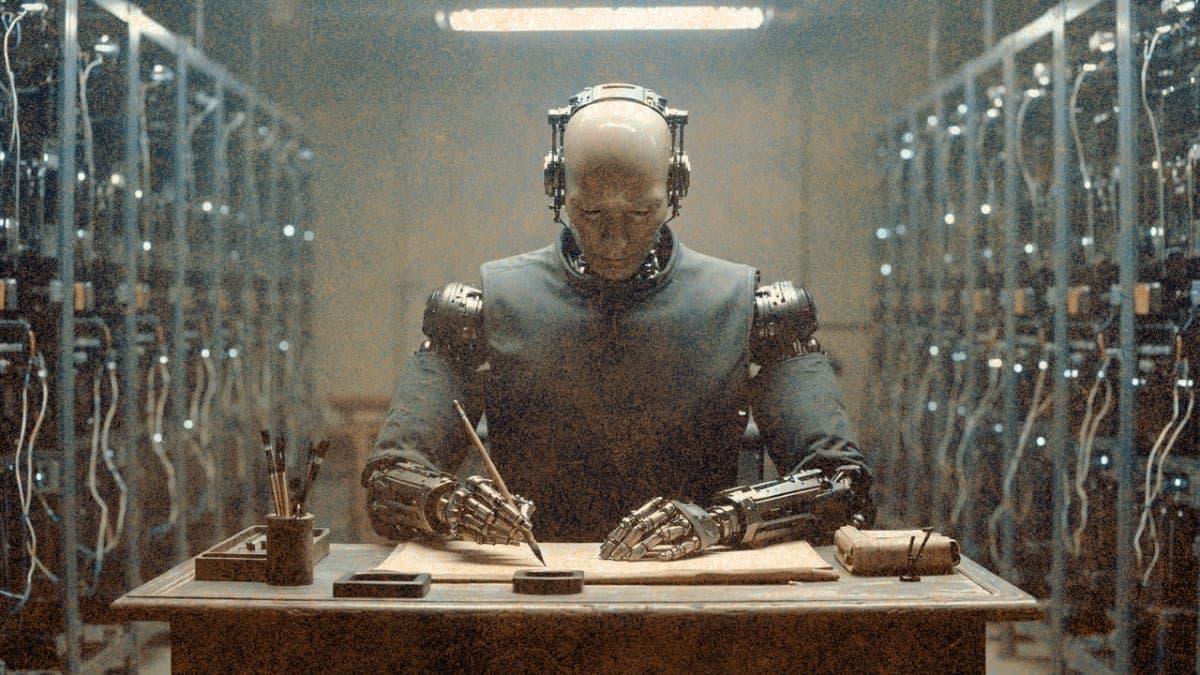 Illustration of a robot taking an examination at a traditional Chinese desk surrounded by modern server infrastructure